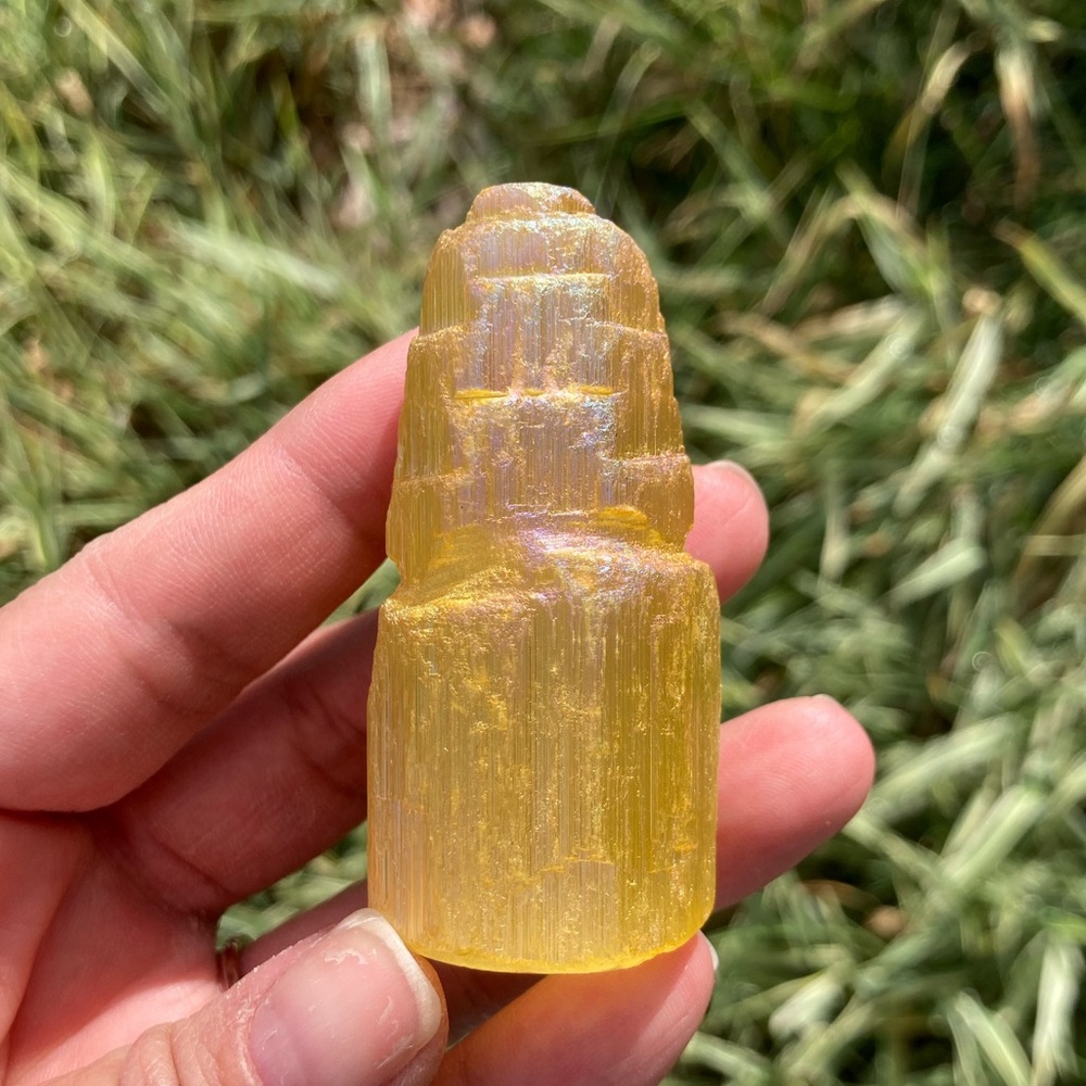 Yellow aura coated satin spar tower